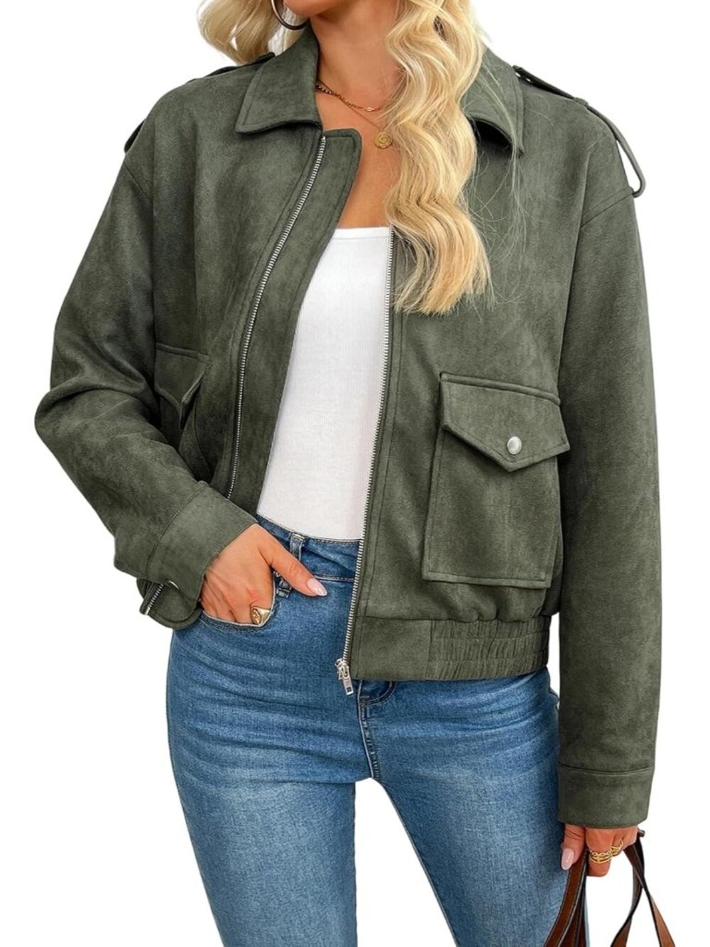 Women's Green Faux Suede ZIP Up Loose Fit Casual Fall Outerwear Coat Jacket